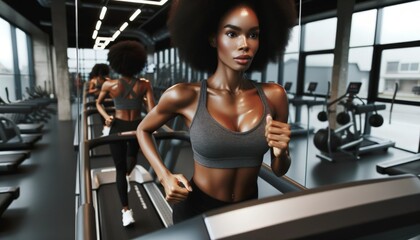 Fototapeta na wymiar Photo capturing an African-American woman in a state-of-the-art gym setting, running at a fast pace on a treadmill.