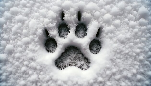 Photo capturing the imprint of a dog paw on the snow-covered ground of a house's garden.