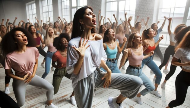 Photo of a gathering of women, representing diverse ethnicities, in a bright gym, all participating in a choreographed dance routine.