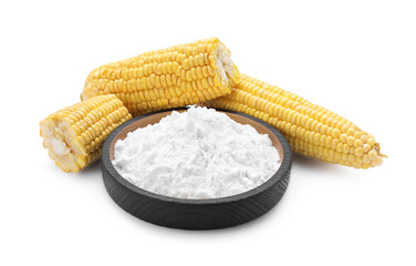 Bowl of corn starch and ripe cobs on white background