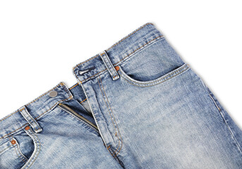 Stylish light blue jeans isolated on white, top view