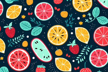 Summer Fruits quirky doodle pattern, wallpaper, background, cartoon, vector, whimsical Illustration
