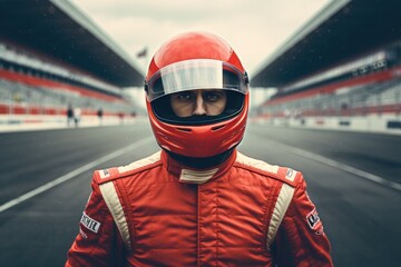 A man in a vibrant red racing suit and helmet