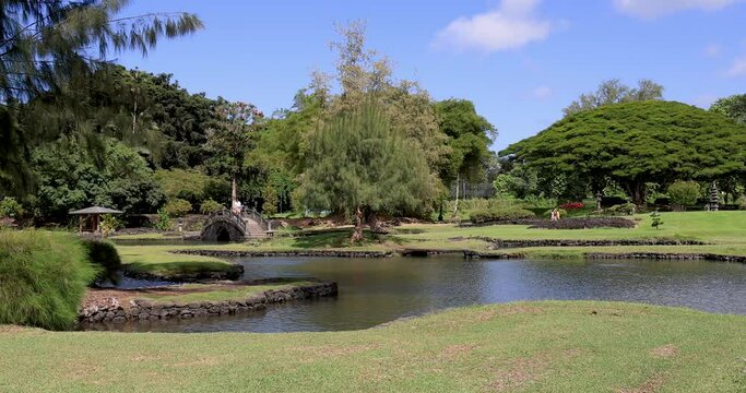 Hilo Hawaii Liliuokalani Japanese Gardens bridge pond. Big Island. Liliʻuokalani Park and Gardens, Hilo. Largest Japanese garden part outside of Japan. Ponds, bridges, pagodas, statues, teahouse.