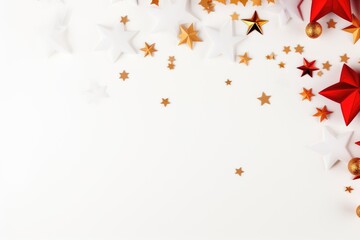 A festive background with red and gold stars on a white backdrop