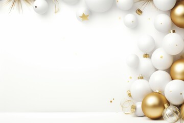 A festive white and gold Christmas background adorned with shimmering ornaments