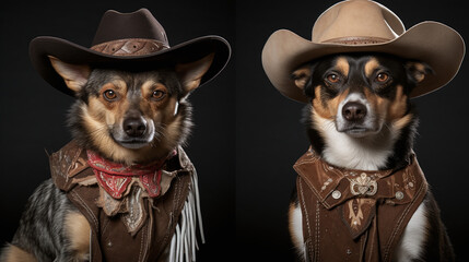 Two Western cowboy dogs / dogs in cowboy costume / vintage brown style/studio pet photograph 