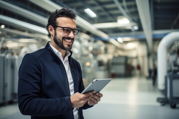 Fototapeta premium A professional man using a tablet in a business setting