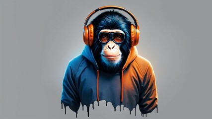 a monkey wearing headphones and a jacket with a hoodie on gray background