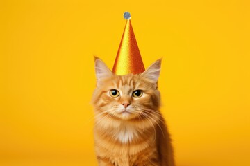A festive cat wearing a party hat on a vibrant yellow background