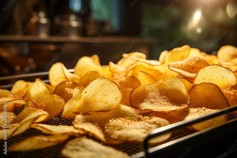 Poster chips factory. production conveyor line. background with selective focus and copy space