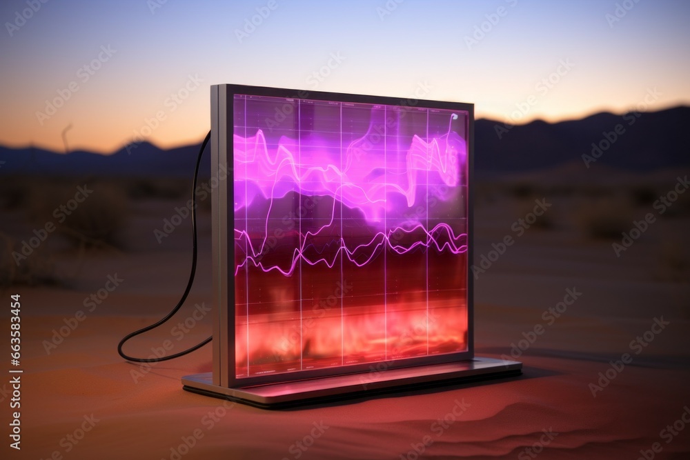 Poster a device for measuring vibration waves and oscillations in the desert. background with selective foc