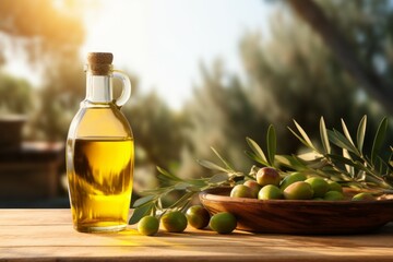 Olive oil in the garden during harvest. Background with selective focus and copy space