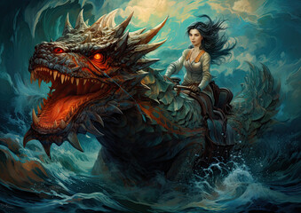 A brave knight riding a dragon into battle Fantasy concept , Illustration painting.