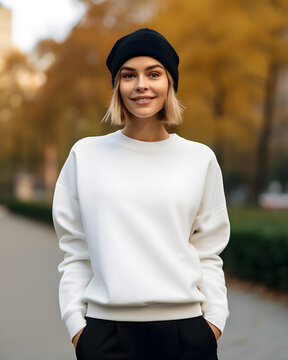 Young Woman Girl White Crewneck Sweatshirt Mockup 