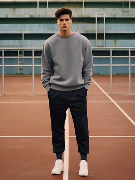 Photograph Portrait Of Young Handsome Male Man Guy Wearing A Blank Grey Gray Sweatshirt Crewneck Mockup Mock Up Outside On The Court In The City 