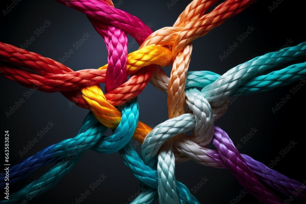 Poster different ropes are woven into a knot. teamwork concept. background with selective focus and copy sp