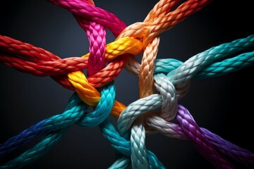Different ropes are woven into a knot. Teamwork concept. Background with selective focus and copy space