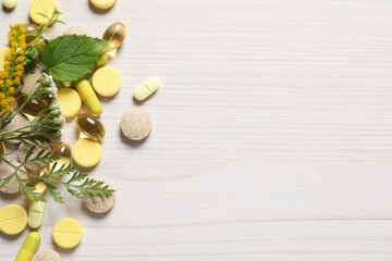Different pills, herbs and flowers on white wooden table, flat lay with space for text. Dietary supplements