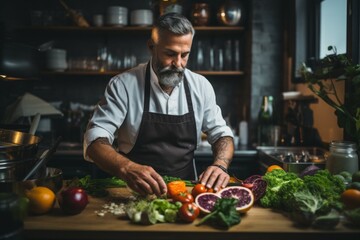 A man cook prepares food at home. Portrait with selective focus and copy space