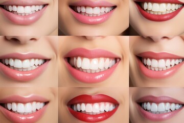 Collage of smiles of dentist clients with healthy beautiful teeth. Background with selective focus and copy space