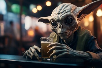 A stranger in a bar or pub with a beer. Portrait with selective focus and copy space - obrazy, fototapety, plakaty