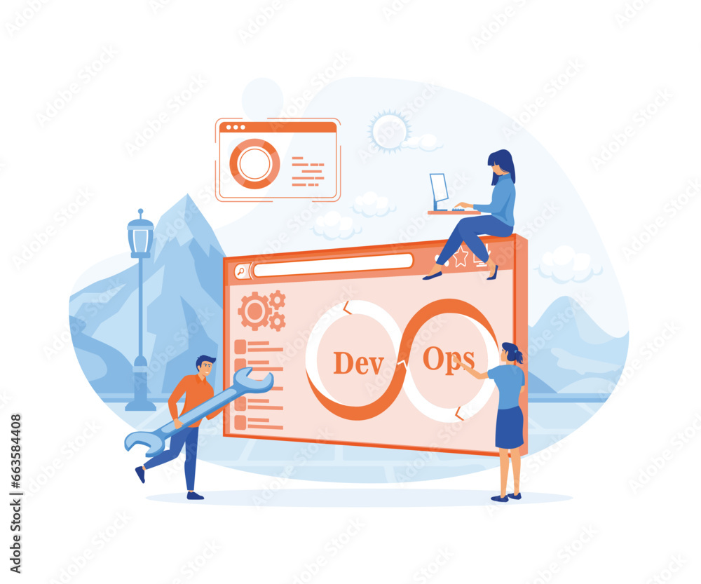 Poster devops concept tiny programmers practice development and software . flat vector modern illustration