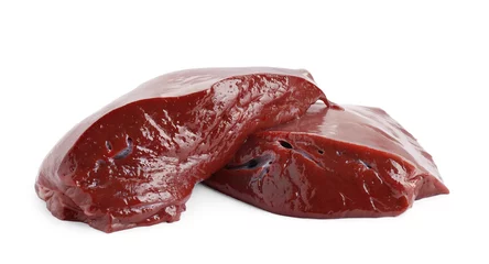 Foto op Plexiglas Pieces of raw beef liver isolated on white © New Africa