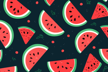Watermelon Slices quirky doodle pattern, wallpaper, background, cartoon, vector, whimsical Illustration