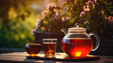 Black tea in glass cup and teapot on summer outdoor background. Copy space. - obrazy, fototapety, plakaty