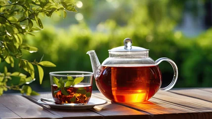 Sierkussen Black tea in glass cup and teapot on summer outdoor background. Copy space. © Ziyan Yang