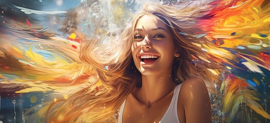 A happy woman enjoying the breeze with her hair flowing gracefully in the wind - obrazy, fototapety, plakaty