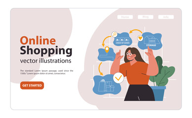E-commerce set. Online shopping, character purchasing goods on a website