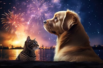A dog and cat mesmerized by a spectacular fireworks display - obrazy, fototapety, plakaty
