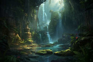 Mystical setting of cascading waterfalls within an exotic jungle, providing inspiration for game design. Generative AI