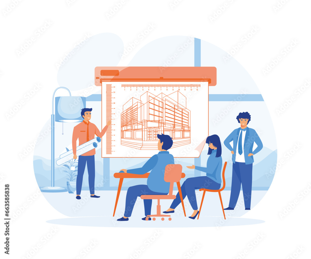 Poster man architect showing drawing building on board to businesspeople engineers group. flat vector moder