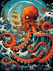 Obraz premium A majestic octopus with a captivating pirate ship in the background