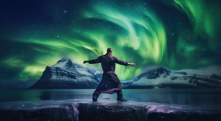 Obraz premium A man standing on top of a rock with a vibrant sky in the background