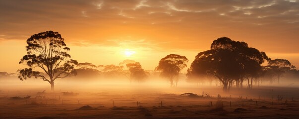 A serene foggy sunrise with trees in the foreground