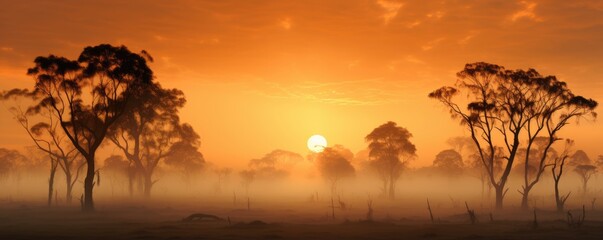 Naklejka premium A misty field with sun rays peering through the trees