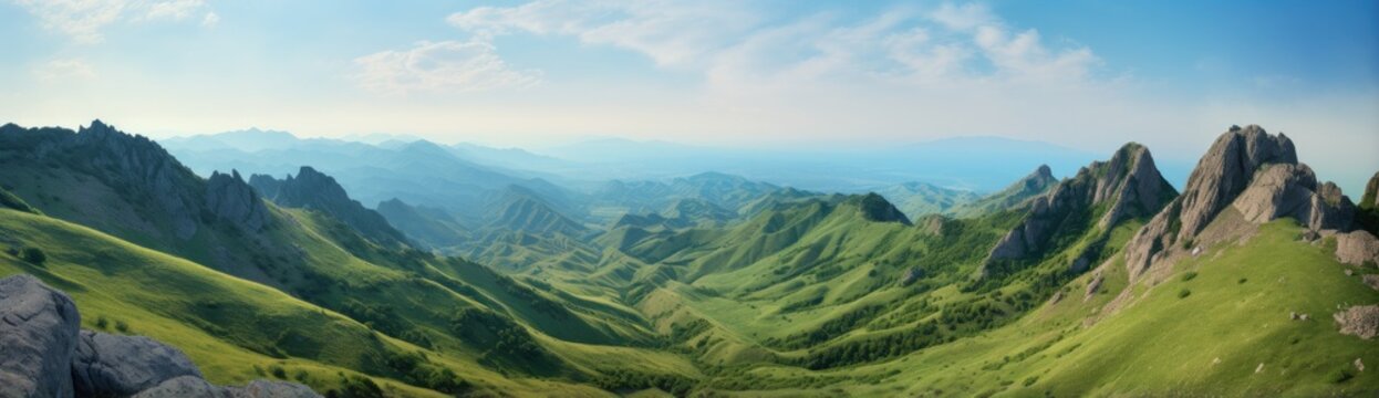 A majestic mountain range surrounded by vibrant green grass