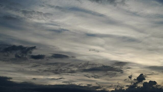 Time lapse of a moody or stormy view of late day clouds. The dark blueish gray clouds move in a sky with a background of white clouds.  
