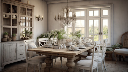 Fototapeta na wymiar Interior design inspiration of Farmhouse Shabby Chic style home dining room loveliness decorated with Wood and Lace material and Chandelier .Generative AI home interior design