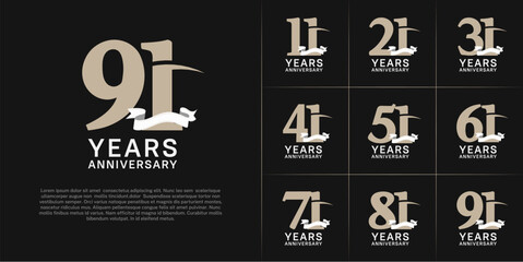 set of anniversary logo with soft brown color number, swoosh and white ribbon can be use for celebration