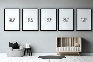 Modern minimalist nursery room with five poster frame mockup, Baby room interior, calm gentle scandinavian style