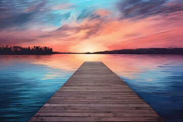 A serene sunset reflecting on a peaceful lake - obrazy, fototapety, plakaty