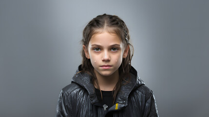 Fototapeta na wymiar Portrait of a Wet Young Girl Wearing a Coat Isolated on a Grey Background