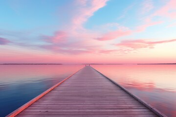 Obraz premium A serene sunset over a peaceful lake with a long wooden dock stretching into the distance