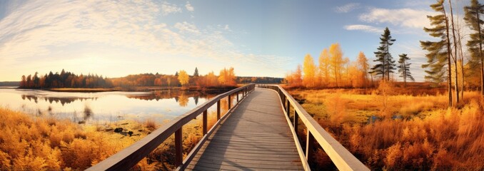 A serene boardwalk leading to a tranquil lake surrounded by nature