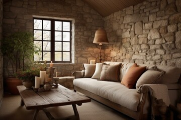 Cozy and inviting living room featuring stone walls and a comfortable linen sofa. Generative AI - obrazy, fototapety, plakaty